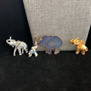 Four Elephant Brooches / Pins Gold Tone Silver Tone Blue Enamel